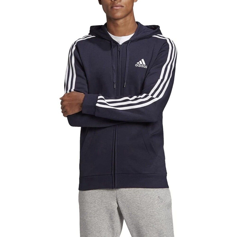 adidas Essentials Fleece 3-Stripes Full-Zip Hoodie Fleece Medium Legend Ink NEW